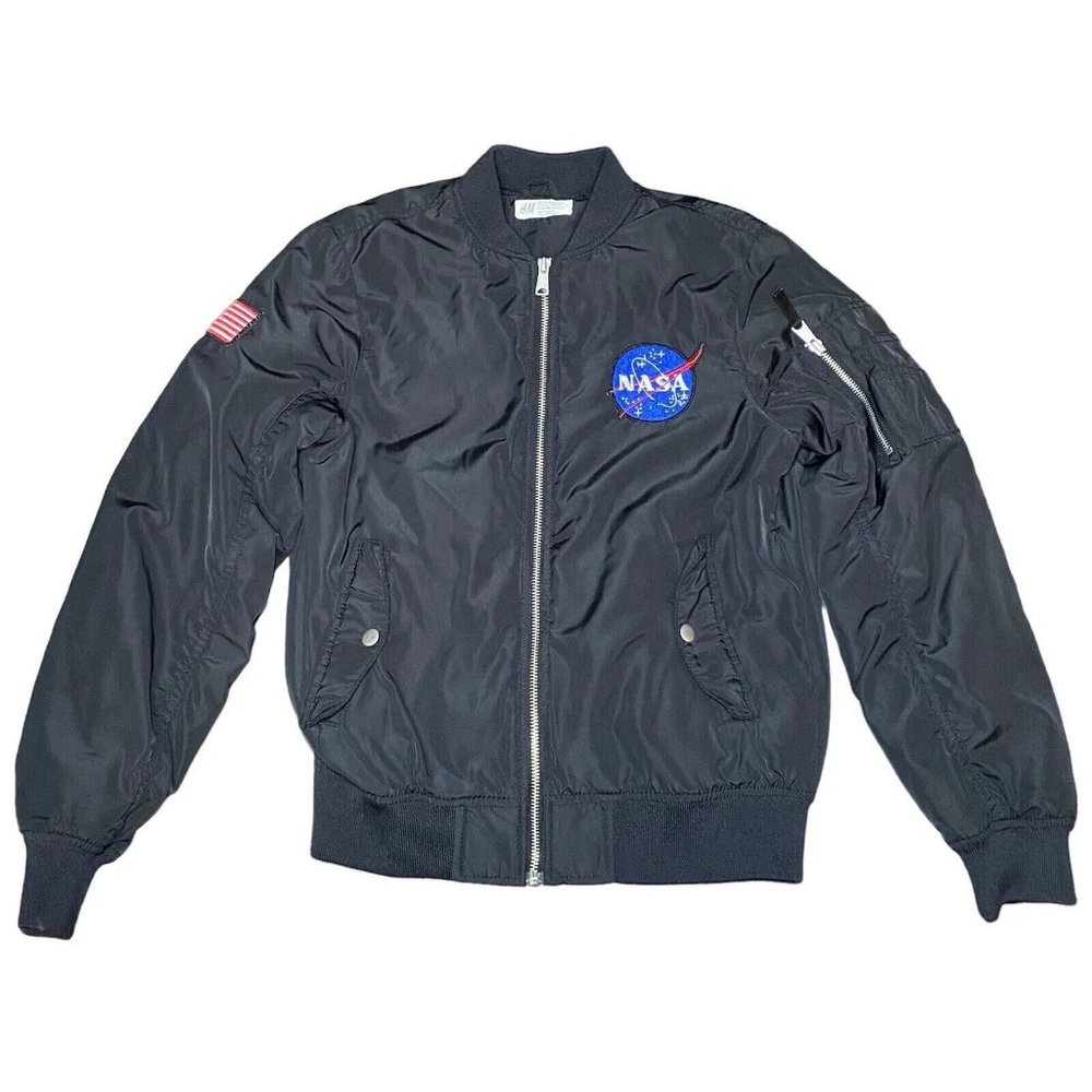 H&M NASA Bomber Flight Jacket Black USA Flag Patch‎ Boys Size 10 12